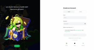 OurBit sign up page banner showing a call to action to register and start trading cryptocurrency.